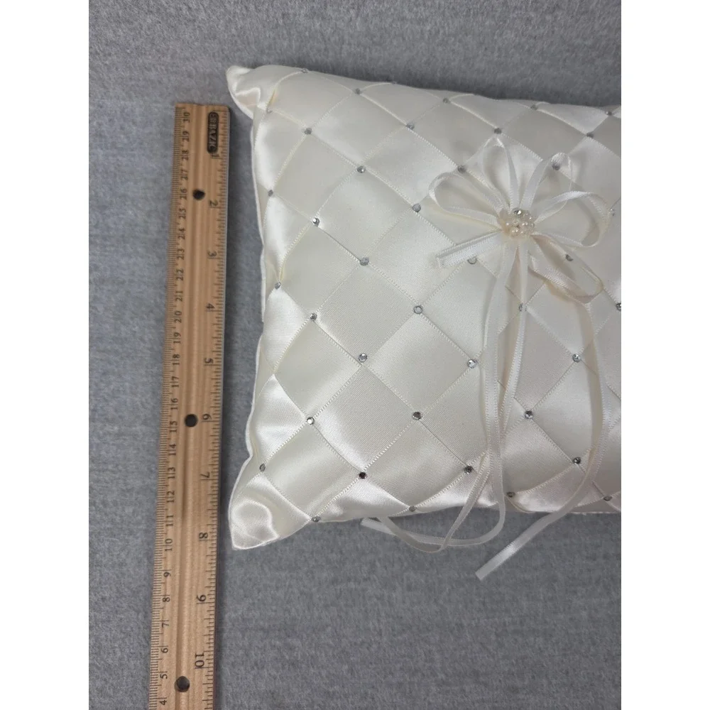 Ivory Satin Crystal Beaded Gems Wedding Ring Bearer Pillow Faux Pearl Accent